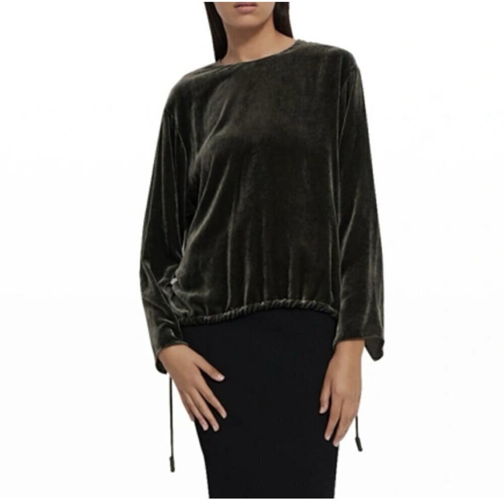 Theory Drawstring Velvet Pullover Long Sleeve Top Hunter Green Small Holiday